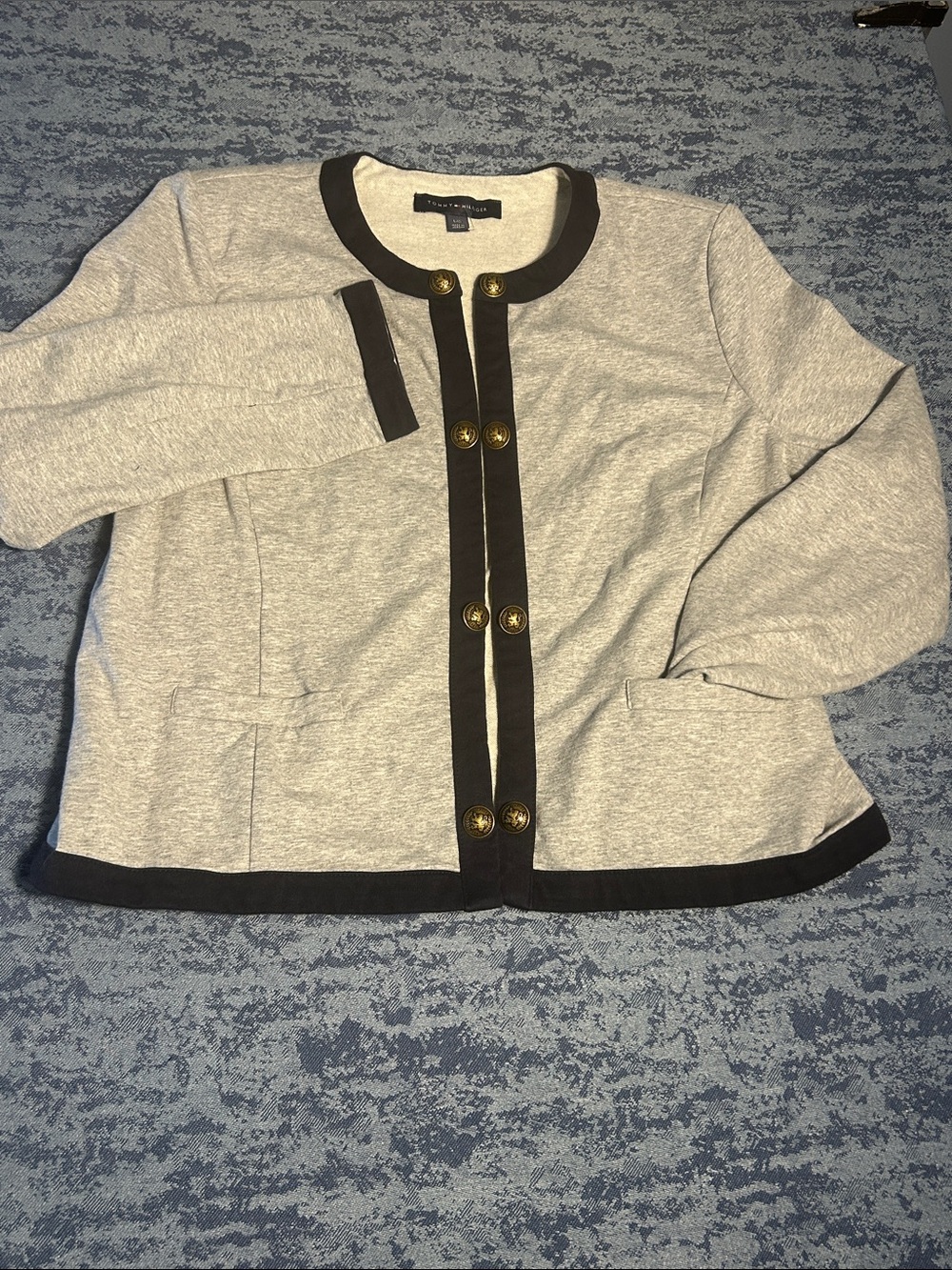 Tommy Hilfiger Light Gray Jacket with Navy Trim and Gold Buttons